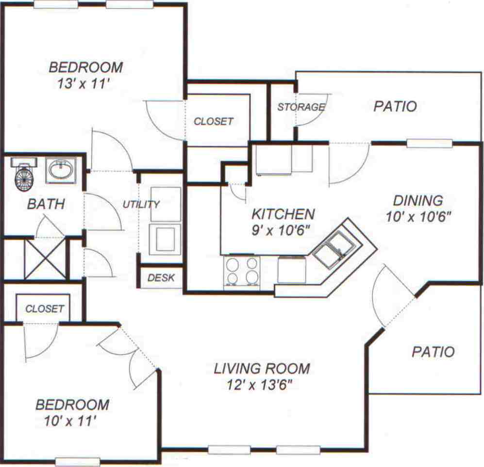 Floor plan for 2 beds, 1 bath, 920 sqft